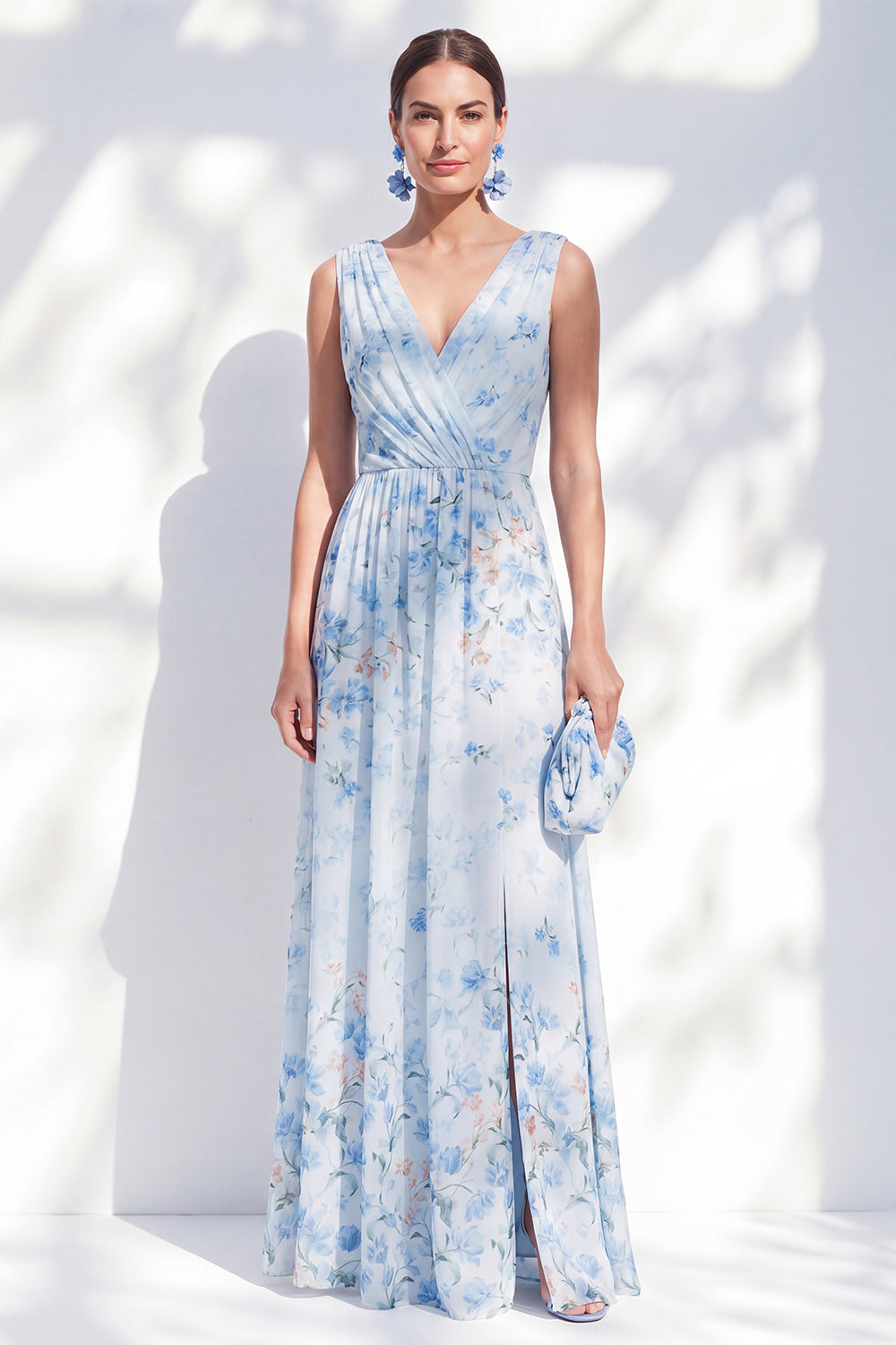 Blue Floral A Line Long V-Neck Mother of the Bride Dress with Slit