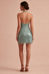 Sparkly Light Green Short Sequin Cowl Neck Tight Homecoming Dress