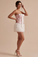 White and Pink Strapless Corset Ruffled Short Homecoming Dress with Bow