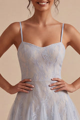 Grey Blue Floral Short Spaghetti Straps A Line Graduation Dress
