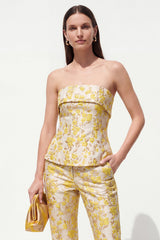 2 Piece Strapless Yellow Floral Slim Fit Women Suits