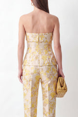 2 Piece Strapless Yellow Floral Slim Fit Women Suits