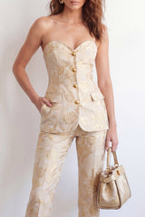 2 Piece Golden Floral Sweetheart Single Breasted Women Suits with Pockets