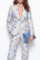 2 Piece Blue Flower Peak Lapel Single Breasted Women Suits with Pockets