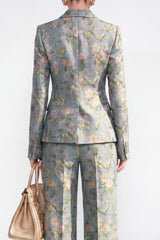 2 Piece Grey Blue Floral Peak Lapel Single Breasted Women Suits