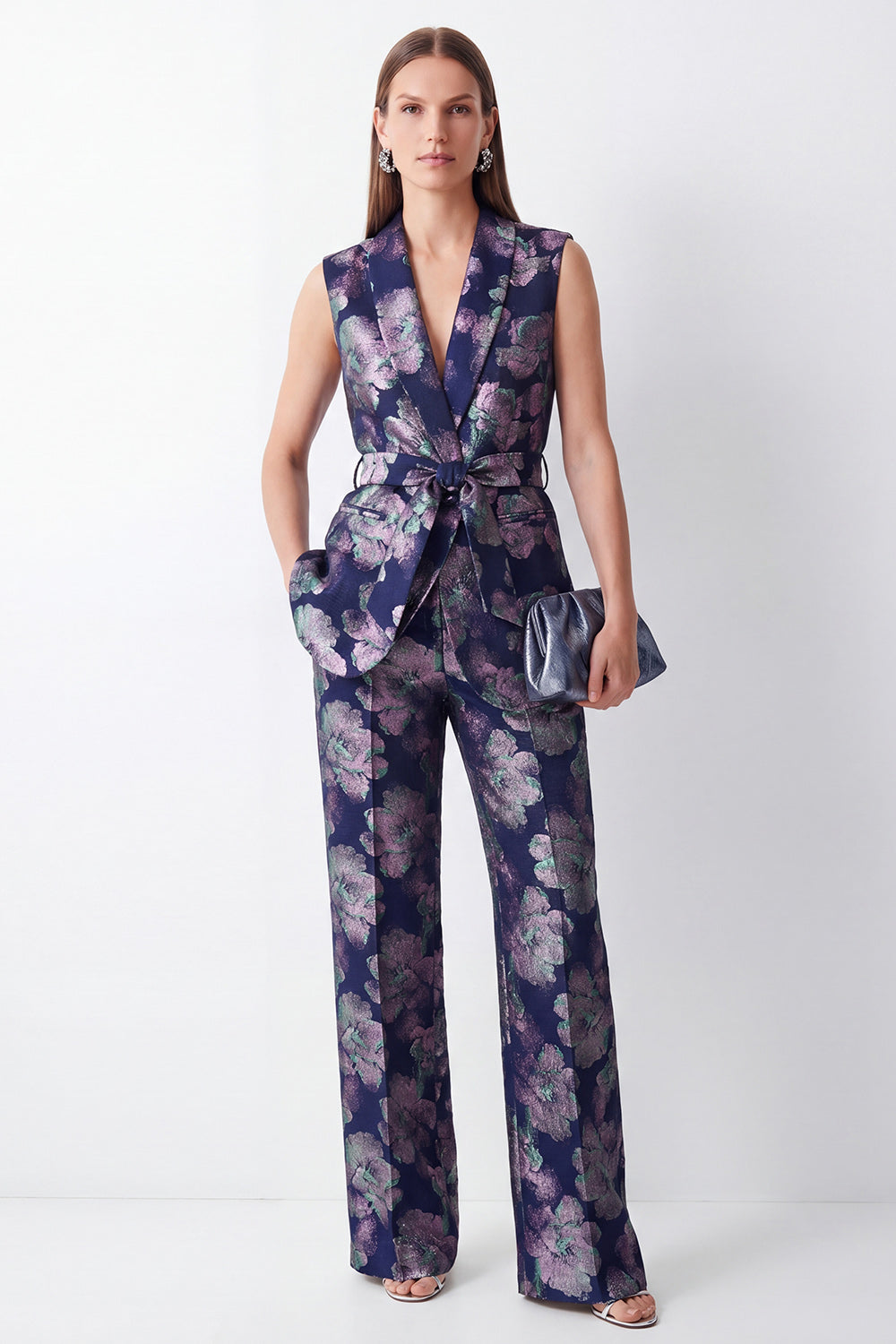 2 Piece Navy Floral Shawl Lapel Women Suits with Pockets
