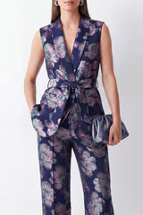 2 Piece Navy Floral Shawl Lapel Women Suits with Pockets