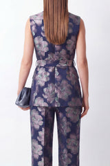 2 Piece Navy Floral Shawl Lapel Women Suits with Pockets
