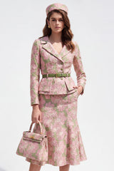 Green Pink Flower Midi 2 Piece Notched Lapel Single Breasted Business Suits