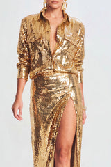 Sparkly Golden Sequin 2 Piece Metallic Long Prom Suits with Slit