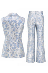 2 Piece Dusty Blue Floral Peak Lapel Double Breasted Prom Suits