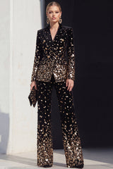 Sparkly Black Champagne Peak Lapel 2 Piece Beaded Prom Suits