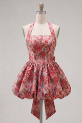 Red Flower Jacquard A Line Halter Short Homecoming Dress with Bow