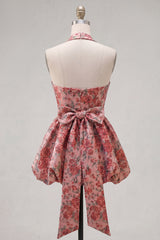 Red Flower Jacquard A Line Halter Short Homecoming Dress with Bow