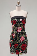 Black Red Flower Tight Short Strapless Homecoming Dress