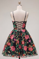 Black Red Flower A Line Short Spaghetti Straps Homecoming Dress