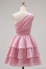 Pink One Shoulder Tiered Ruffled Short 80s Homecoming Dress