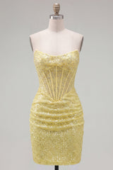 Sparkly Corset Yellow Sequin Tight Short Homecoming Dress