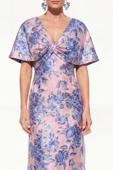 Floral Pink Blue V-Neck Long Mother of the Bride Dress with Sleeves