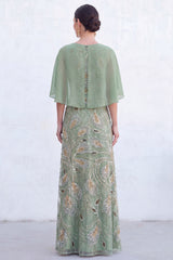 Sparkly Floral Green Boat Neck Long Mother of the Bride Dress with Cape