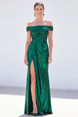 Dark Green Metallic Mermaid Ruched Long Mother of the Bride Dress with Slit