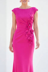 Boat Neck Fuchsia Ruched Floral Mermaid Long Mother of the Bride Dress