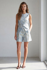 2 Piece Light Blue Jacquard Single Breasted Round Neck Work Suits