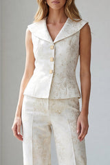 2 Piece Ivory Jacquard Single Breasted V-Neck Work Suits