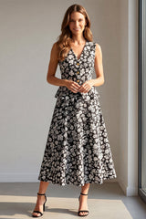 2 Piece Black Floral Single Breasted V-Neck Work Dress