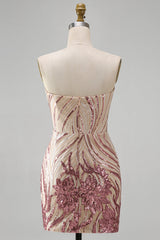 Sparkly Gold and Pink Floral Tight Short Strapless Sequin Homecoming Dress