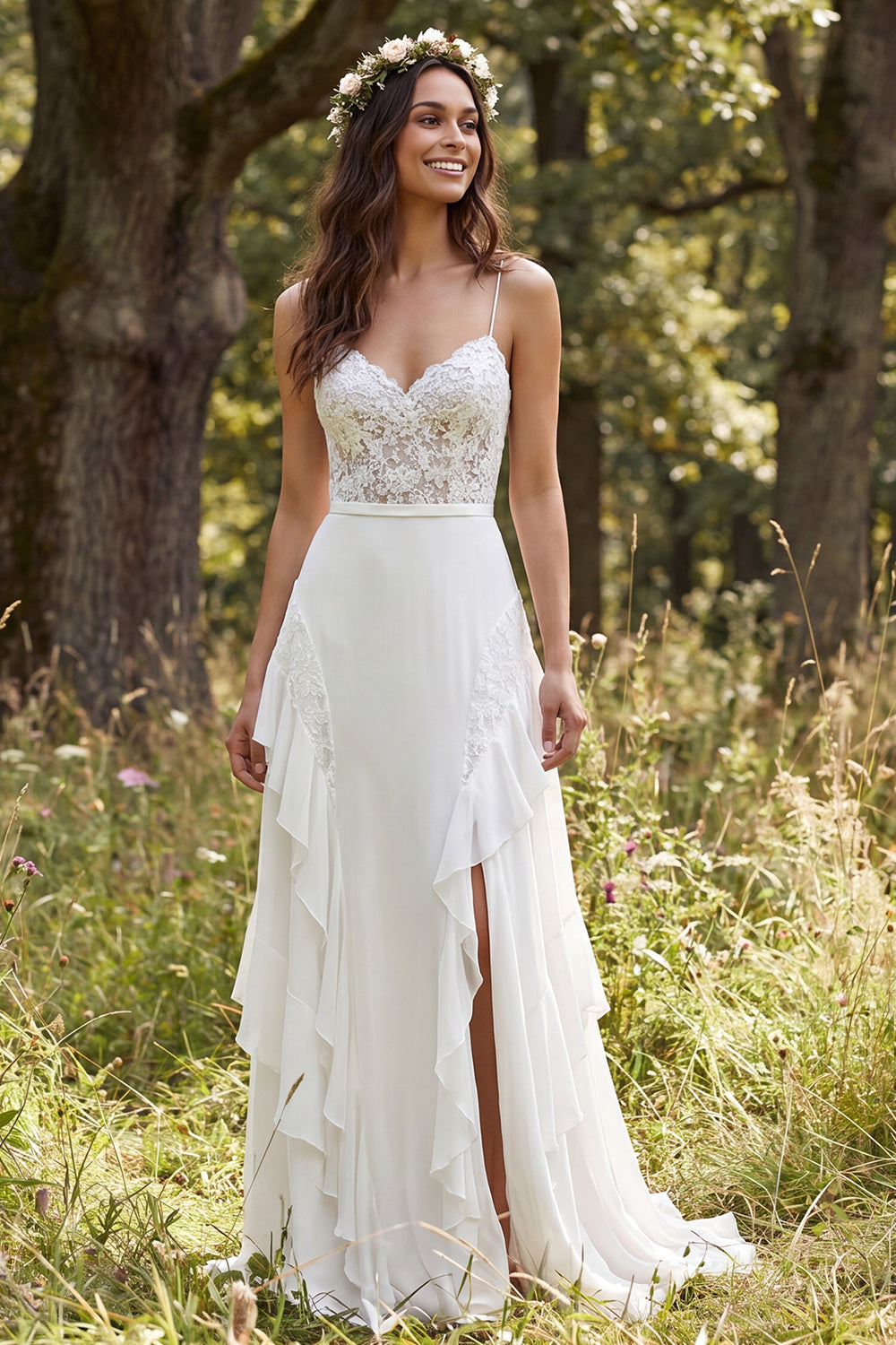 A-Line Ivory Chiffon Sweep Train Ruffled Beach Wedding Dress
