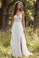 A-Line Ivory Chiffon Sweep Train Ruffled Beach Wedding Dress