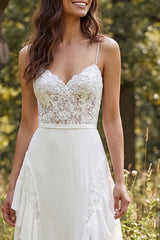 A-Line Ivory Chiffon Sweep Train Ruffled Beach Wedding Dress