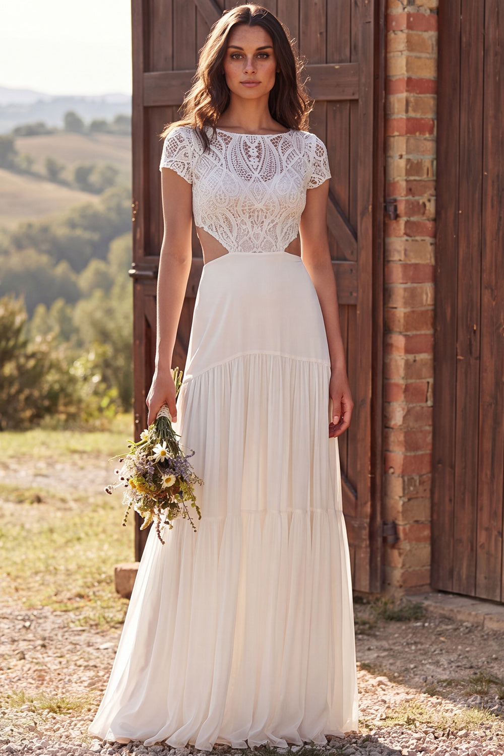 A-Line Ivory Cut Out Sweep Train Beach Wedding Dress with Sleeves