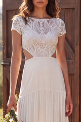 A-Line Ivory Cut Out Sweep Train Beach Wedding Dress with Sleeves