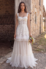 Floral Ivory Corset A-Line Sweep Train Beach Wedding Dress with Beading