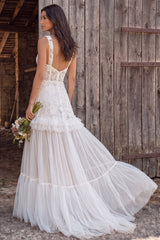 Floral Ivory Corset A-Line Sweep Train Beach Wedding Dress with Beading