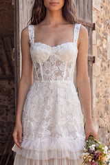 Floral Ivory Corset A-Line Sweep Train Beach Wedding Dress with Beading