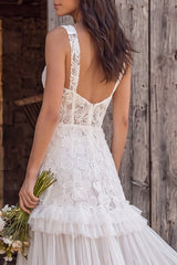 Floral Ivory Corset A-Line Sweep Train Beach Wedding Dress with Beading
