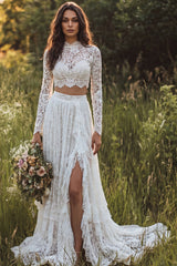 2 Piece Ivory Lace Sweep Train A-Line Boho Wedding Dress with Sleeves