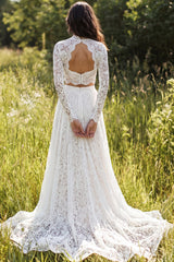 2 Piece Ivory Lace Sweep Train A-Line Boho Wedding Dress with Sleeves