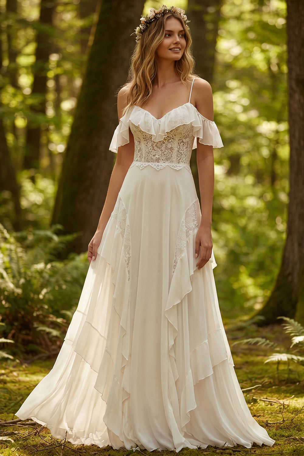 Ivory Chiffon Ruffled A-Line Sweep Train Beach Wedding Dress with Lace