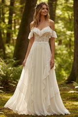 Ivory Chiffon Ruffled A-Line Sweep Train Beach Wedding Dress with Lace