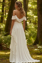 Ivory Chiffon Ruffled A-Line Sweep Train Beach Wedding Dress with Lace