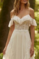 Ivory Chiffon Ruffled A-Line Sweep Train Beach Wedding Dress with Lace