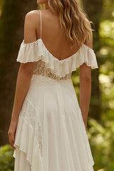 Ivory Chiffon Ruffled A-Line Sweep Train Beach Wedding Dress with Lace