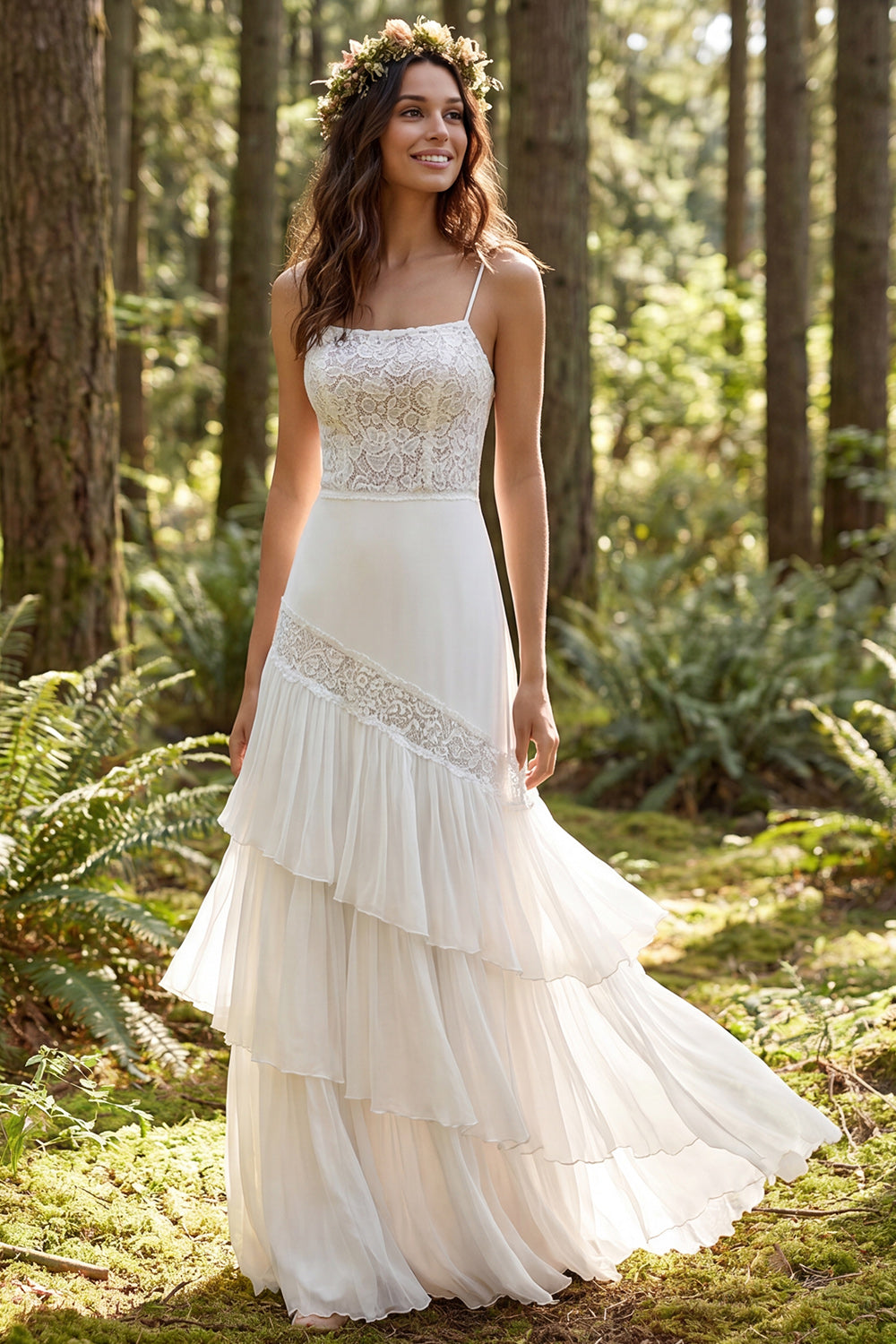 Ivory Chiffon Tiered A-Line Sweep Train Beach Wedding Dress with Lace