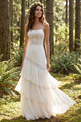 Ivory Chiffon Tiered A-Line Sweep Train Beach Wedding Dress with Lace
