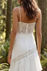 Ivory Chiffon Tiered A-Line Sweep Train Beach Wedding Dress with Lace