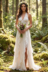 Ivory Chiffon Ruffled A-Line Sweep Train Beach Wedding Dress with Lace